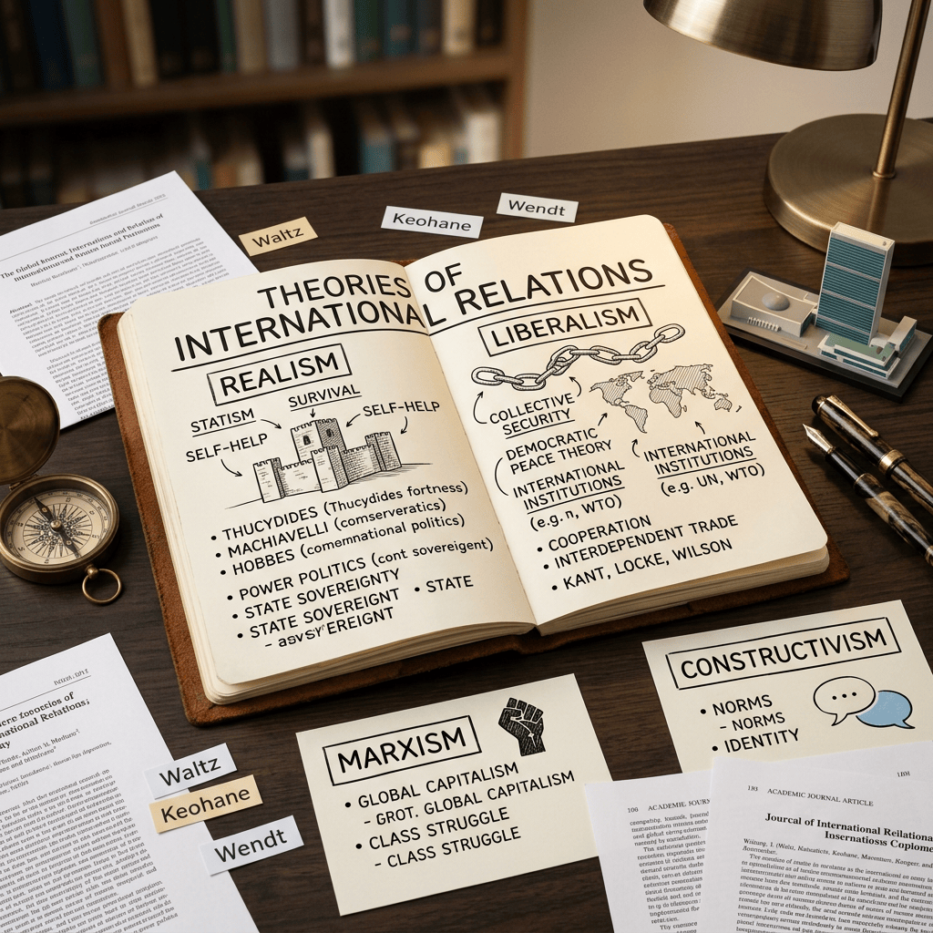 Notebook titled Theories of International Relations compares realism, liberalism, Marxism, and constructivism